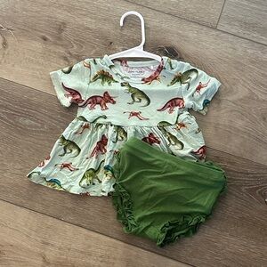 Posh Peanut Dinosaur Print Dress with Green Ruffle Bloomers - Size 6-12M 🦖